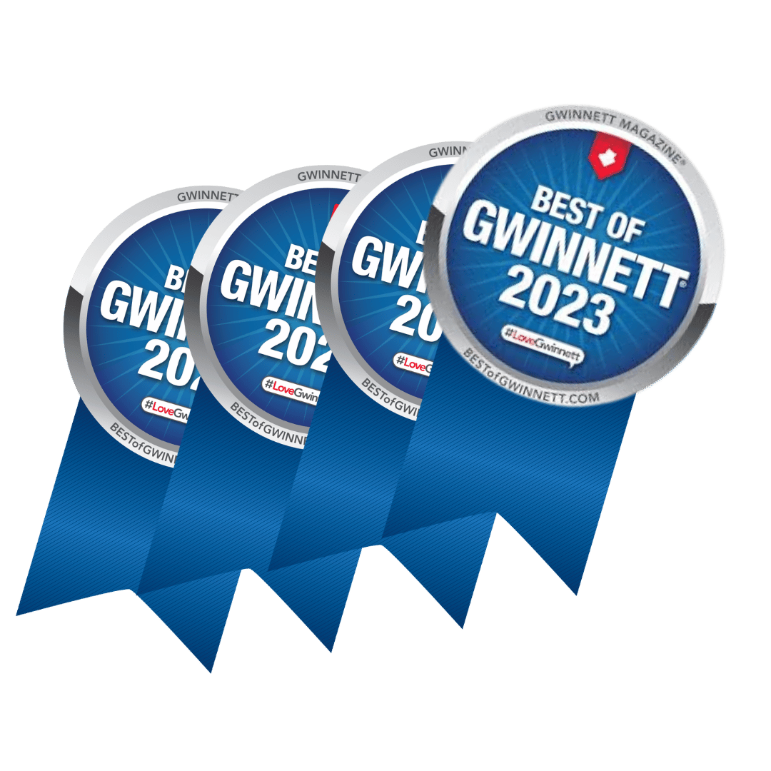 Four blue ribbons that say best of gwinnett 2023