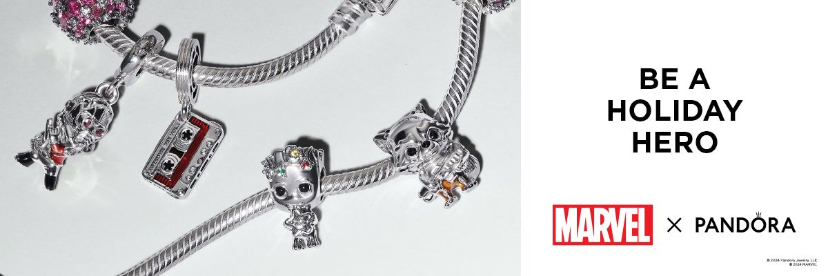 Marvel x Pandora jewelry ad. Two bracelets with Marvel charms. Text: