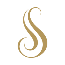 A gold letter s on a white background.