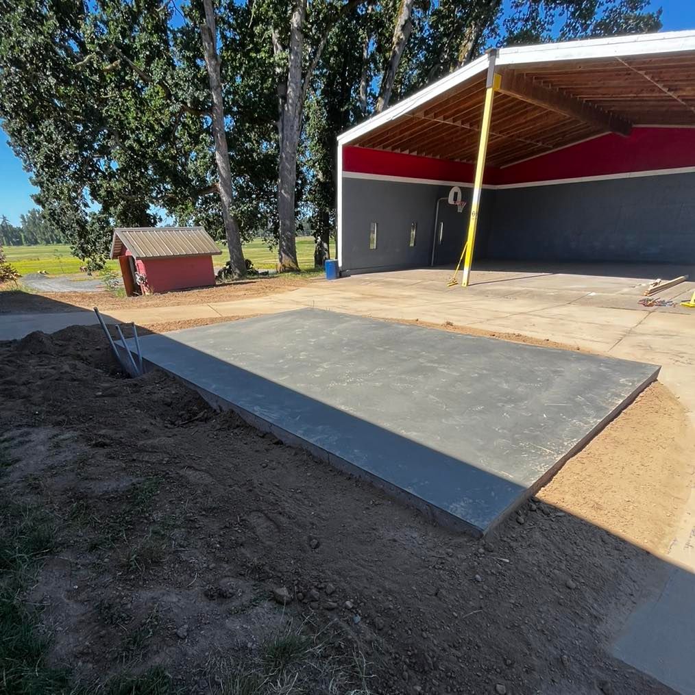 A large concrete slab in front of a building