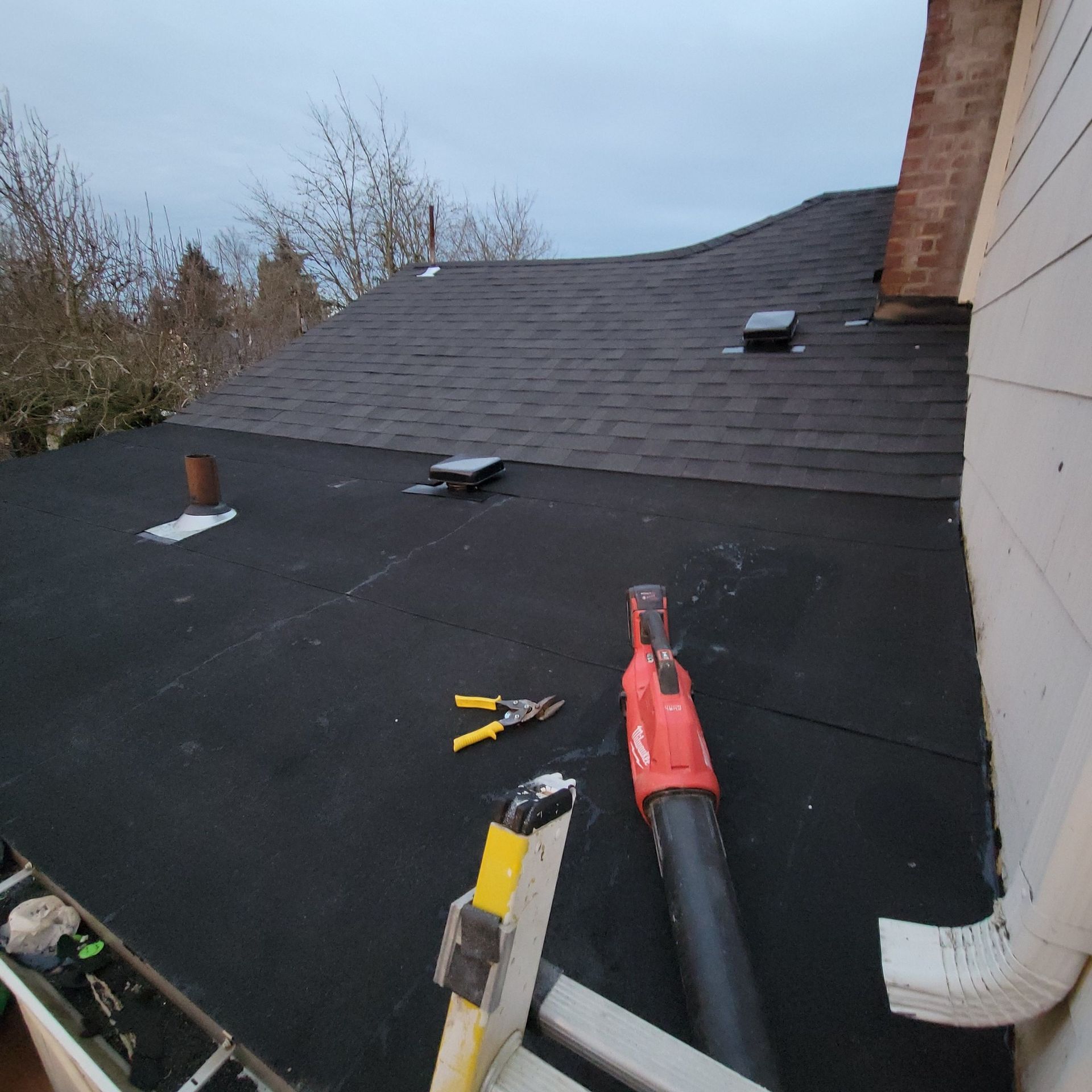 A vacuum cleaner is sitting on the roof of a house