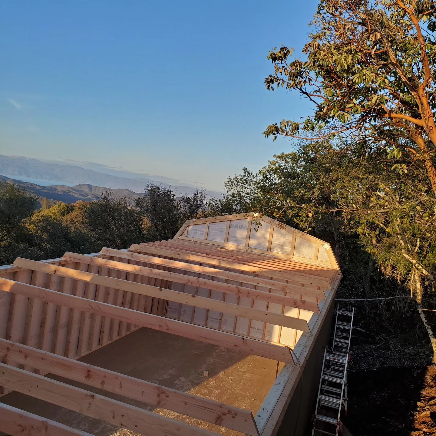 Wooden roof construction with a scenic mountain backdrop on a sunny day.