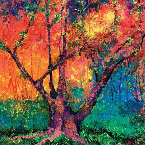 A colorful painting of a tree with a sunset in the background