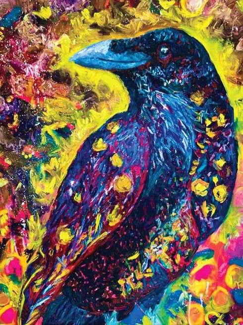 A colorful painting of a black bird with a blue beak.