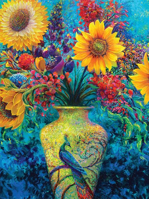 A painting of a vase filled with flowers and a peacock.