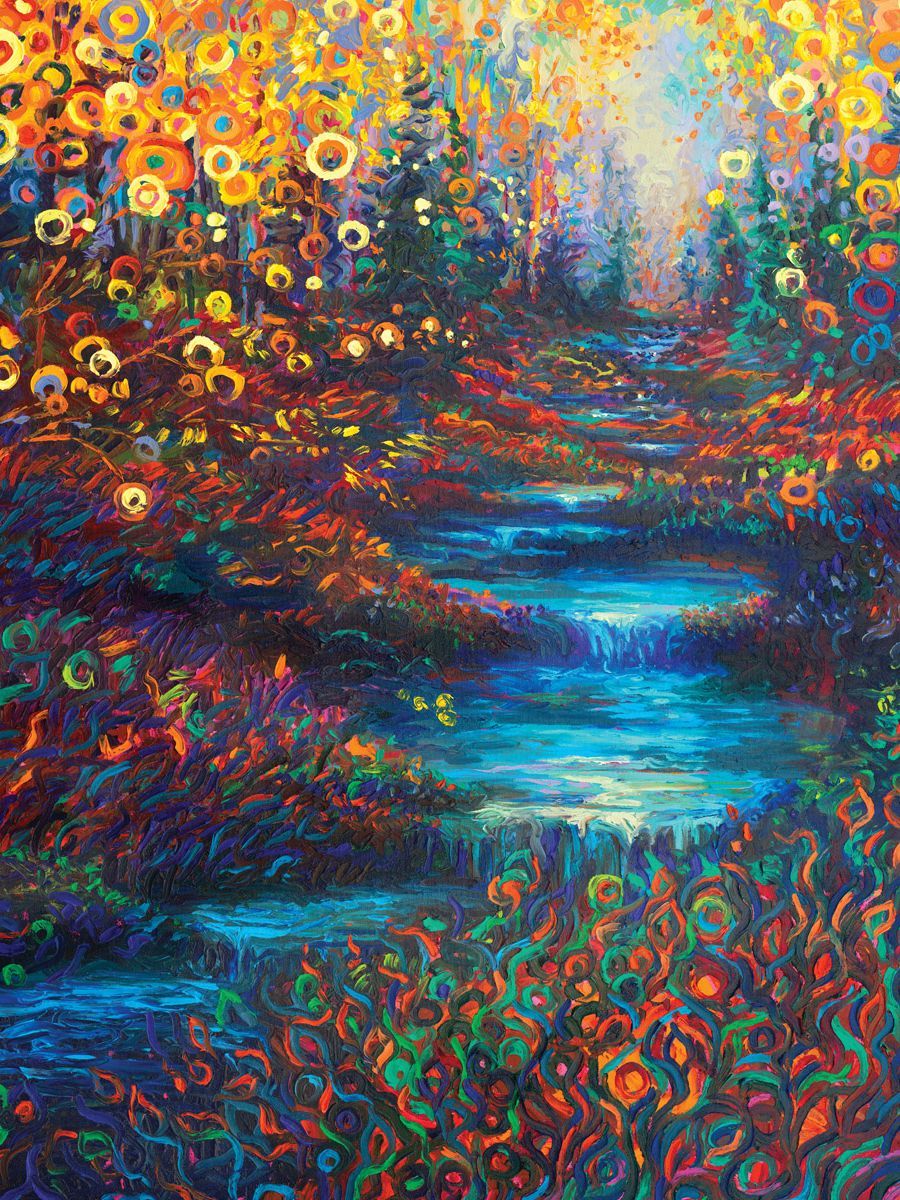 A colorful painting of a river surrounded by trees and flowers.