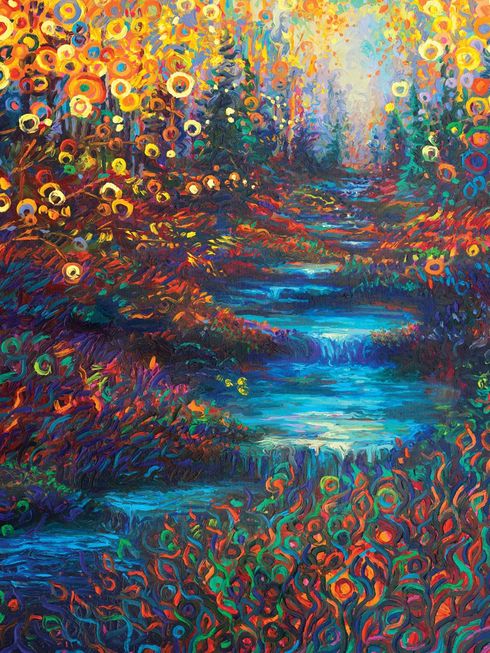 A colorful painting of a river surrounded by trees and flowers.