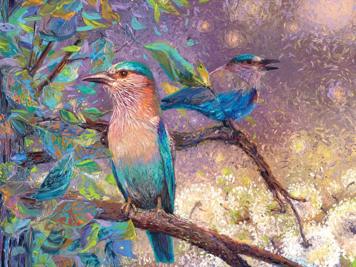 A painting of two birds perched on a tree branch.