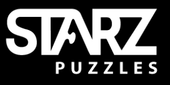 A white starz puzzles logo on a black background