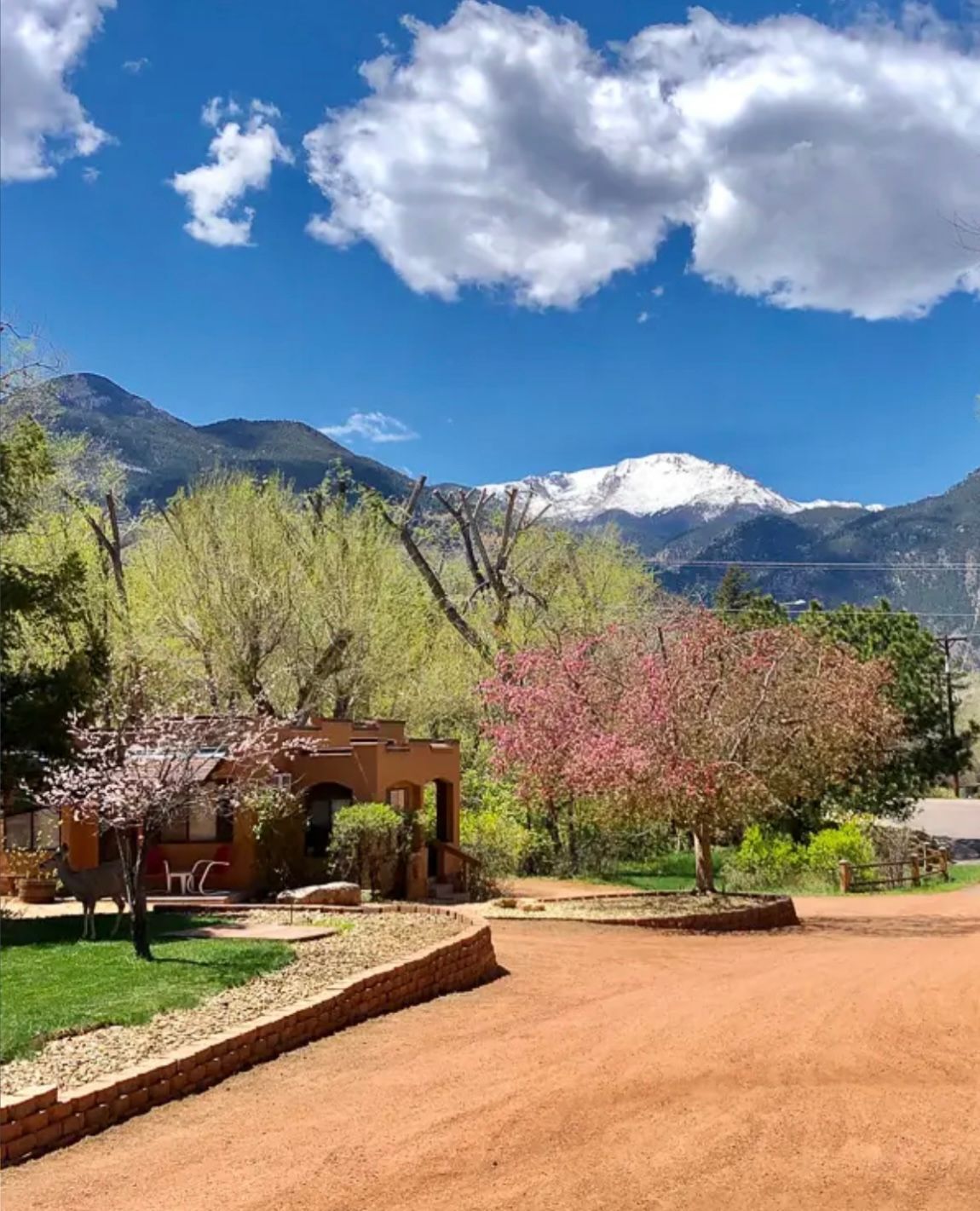 A scenic view of a house with flowering trees, a red dirt driveway, and snow-capped mountains under a blue sky.