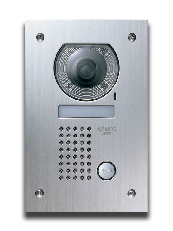 A stainless steel door phone with a camera and buttons