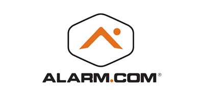 The logo for alarm.com is orange and black on a white background.
