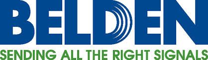 A blue and white logo for belden sending all the right signals