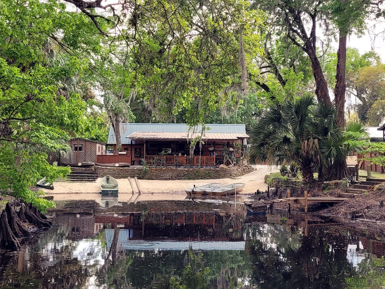 a house is surrounded by trees and a body of water