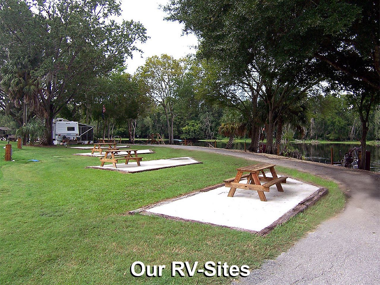 a rv park with a lot of picnic tables and trees