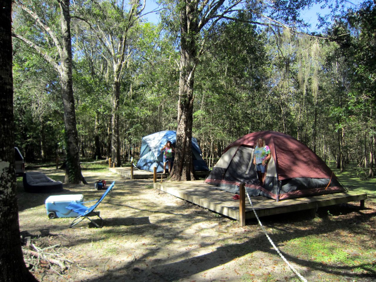 a couple of tents are sitting on top of a wooden platform in the middle of a forest .