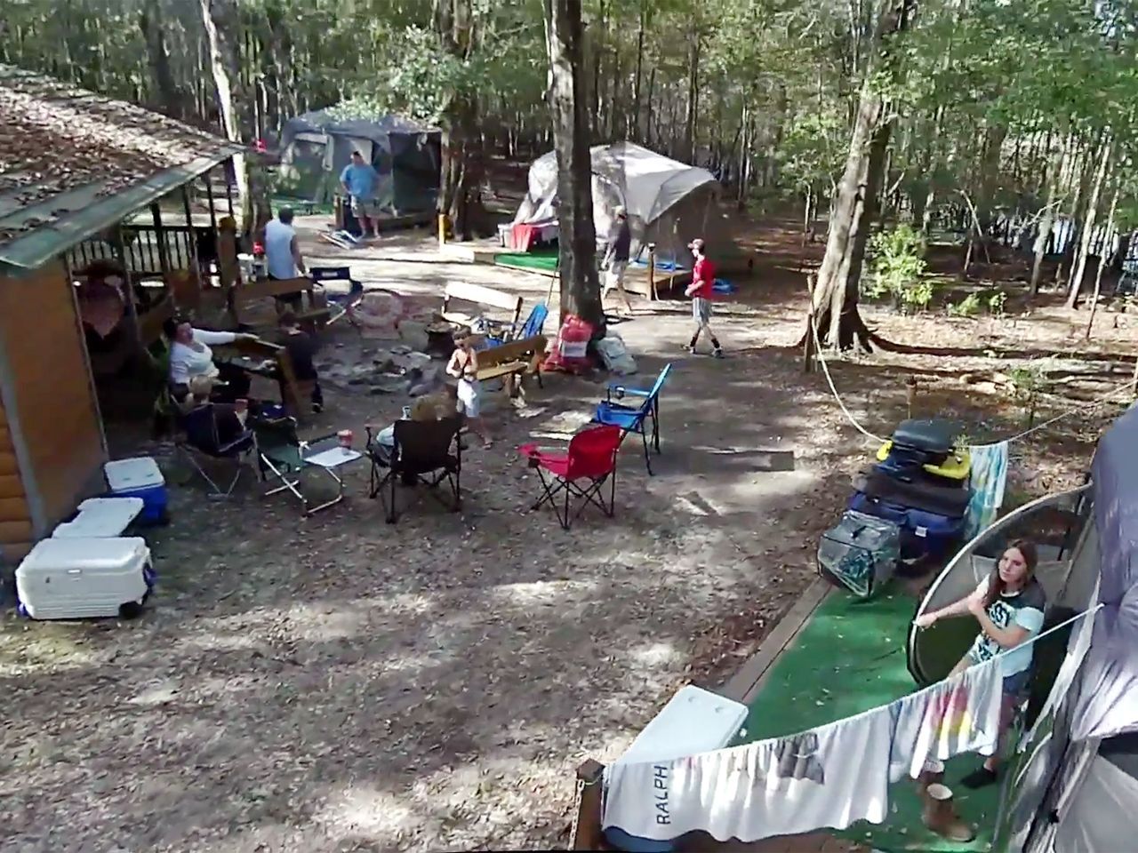 a group of people are camping in the woods .