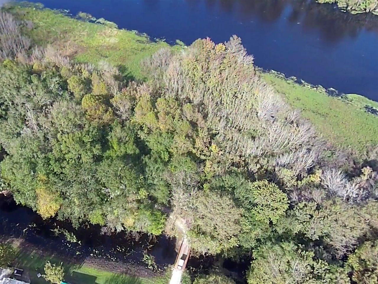an aerial view of a river surrounded by trees and grass
