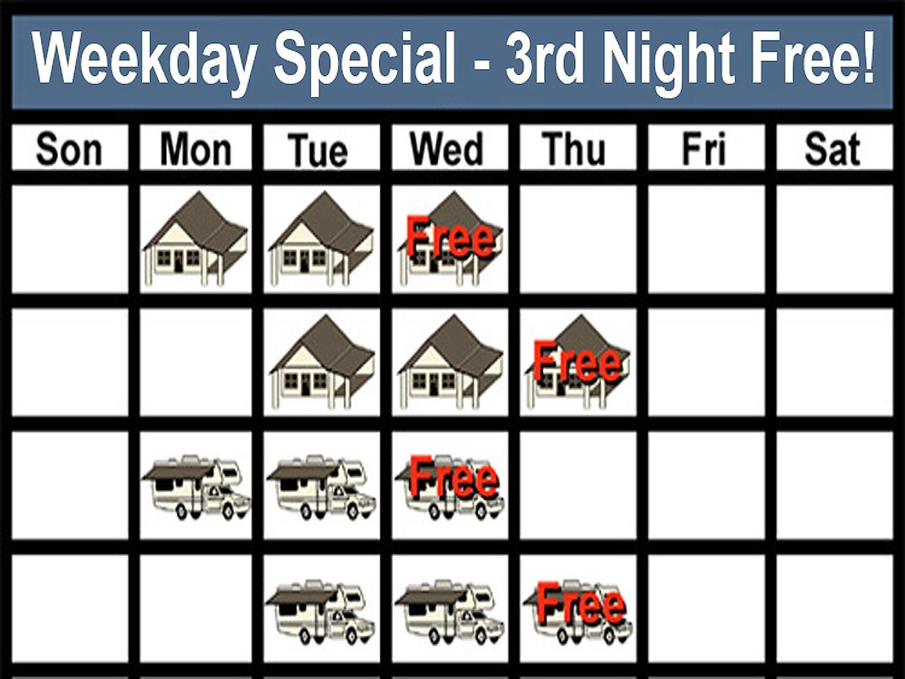 a calendar that says weekday special - 3rd night free