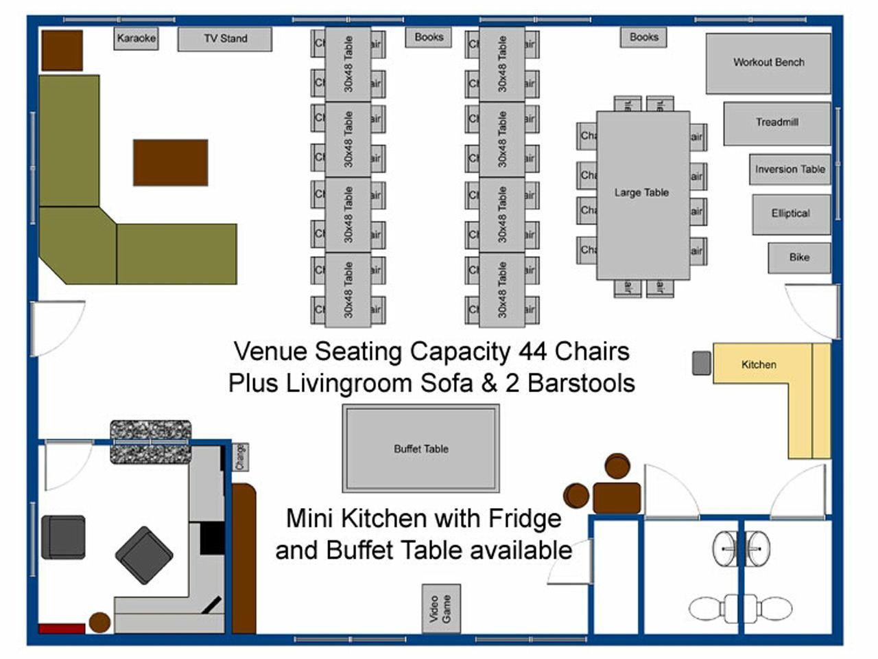 a floor plan shows a venue seating capacity of 44 chairs