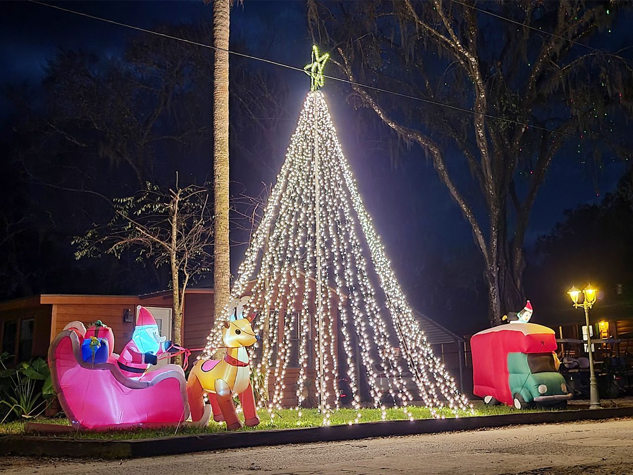 a christmas tree is lit up at night with a sleigh and santa claus .