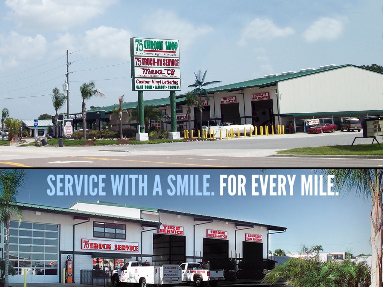 a sign that says service with a smile for every mile