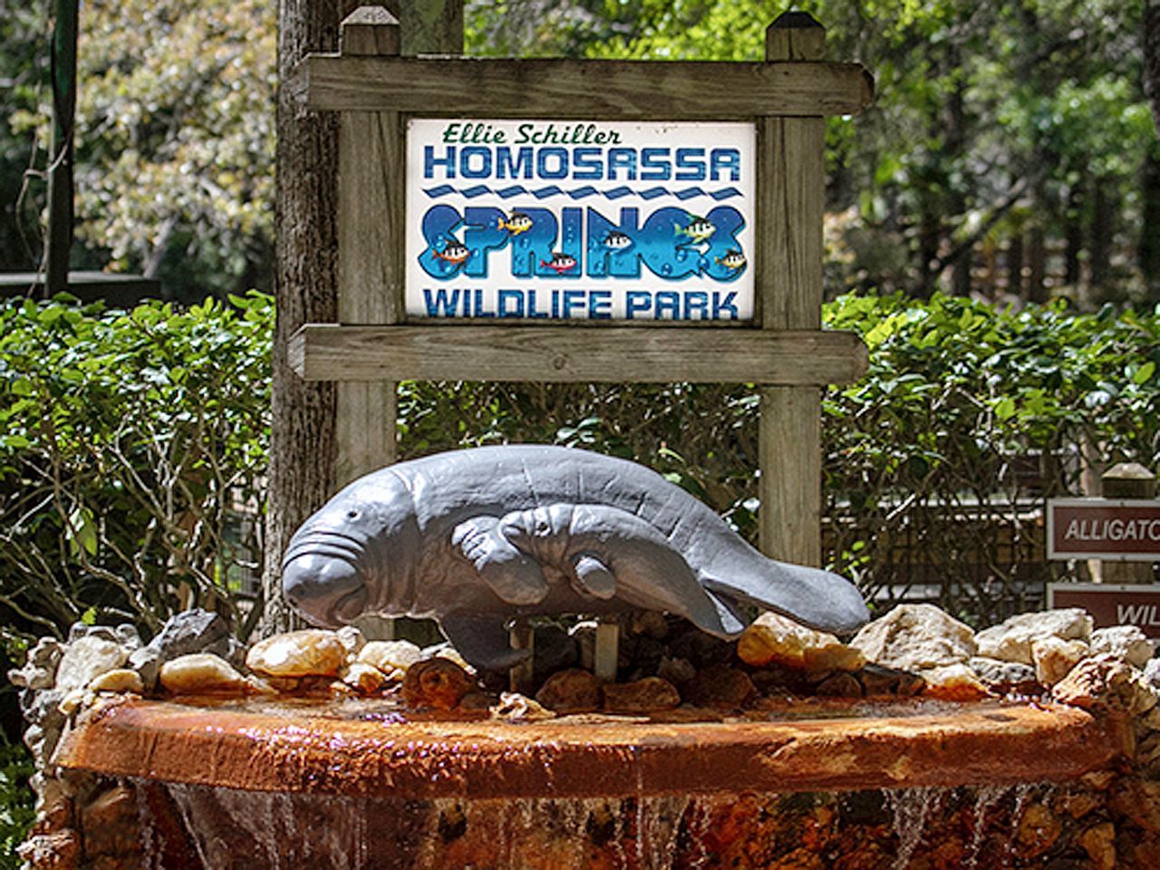 a statue of a manatee is in front of a sign for homosassa springs wildlife park .