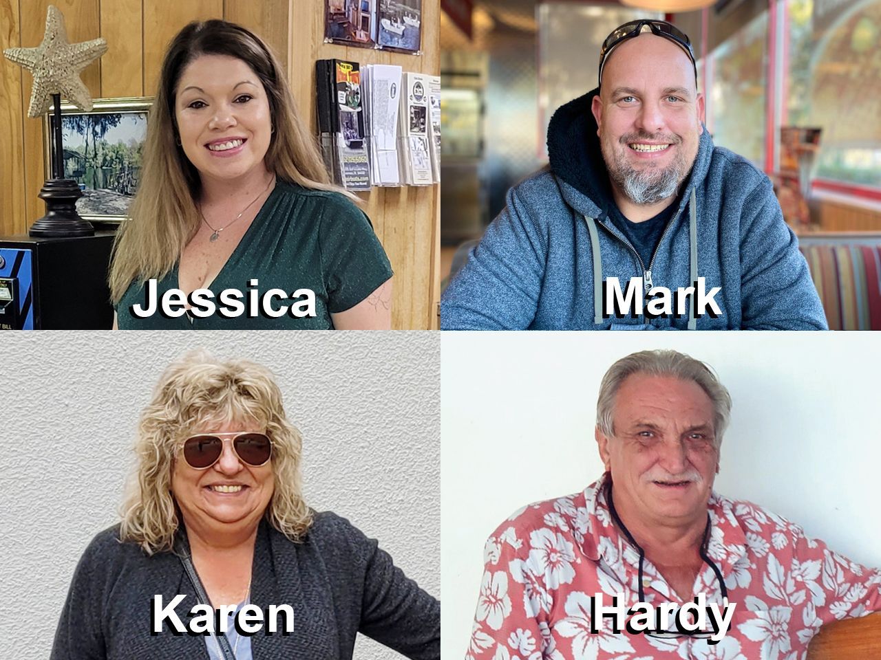 a collage of four people including a woman and two men