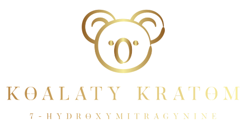 A logo for a company called koalaty kratom with a gold koala on a white background.