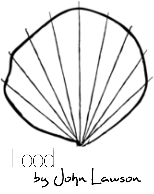 A drawing of a shell with the words food by john lawson below it