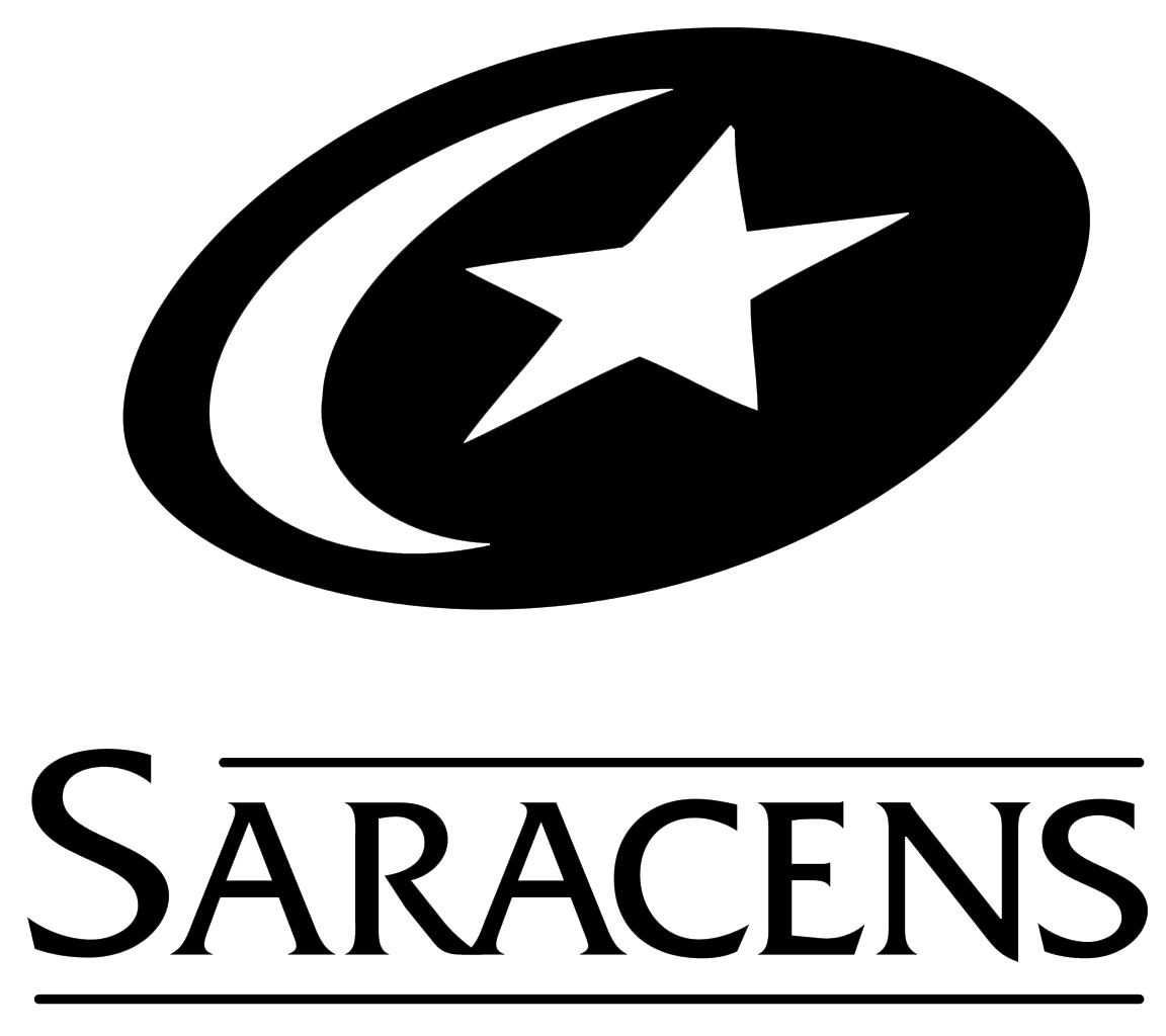 A black and white logo for saracens with a star and a crescent moon.