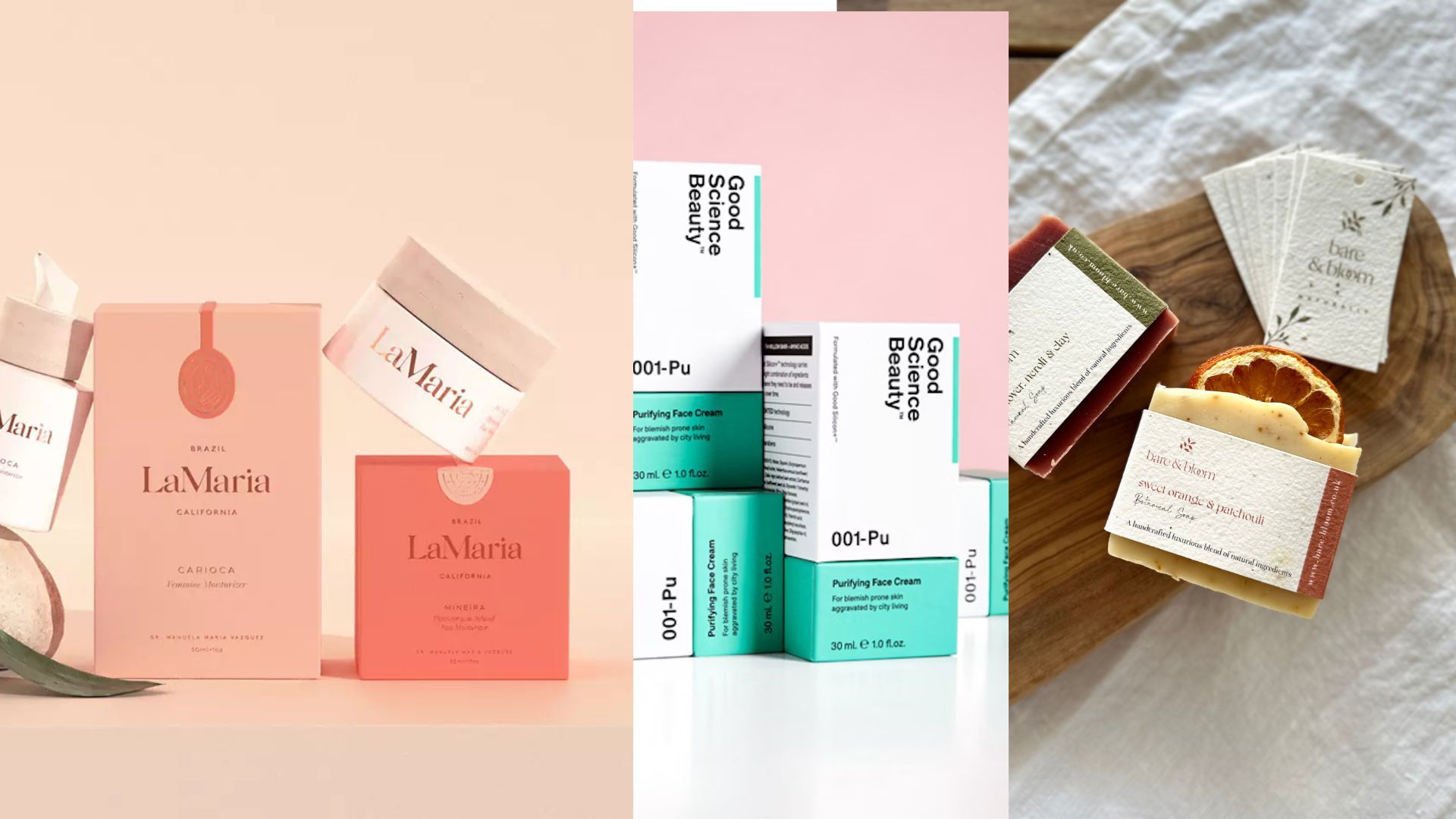 A triptych of skincare packaging illustrating three branding archetypes:

On the left, pale peach-an