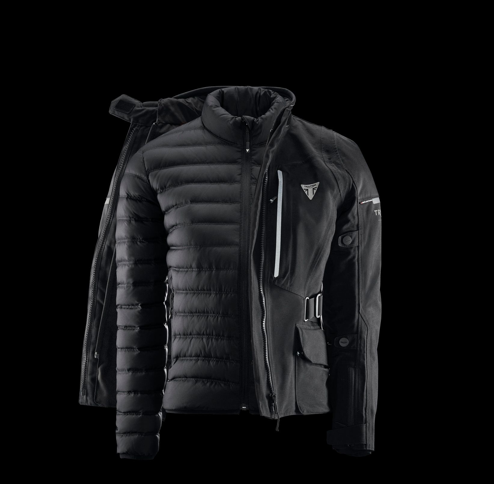 A black jacket with the letter t on it