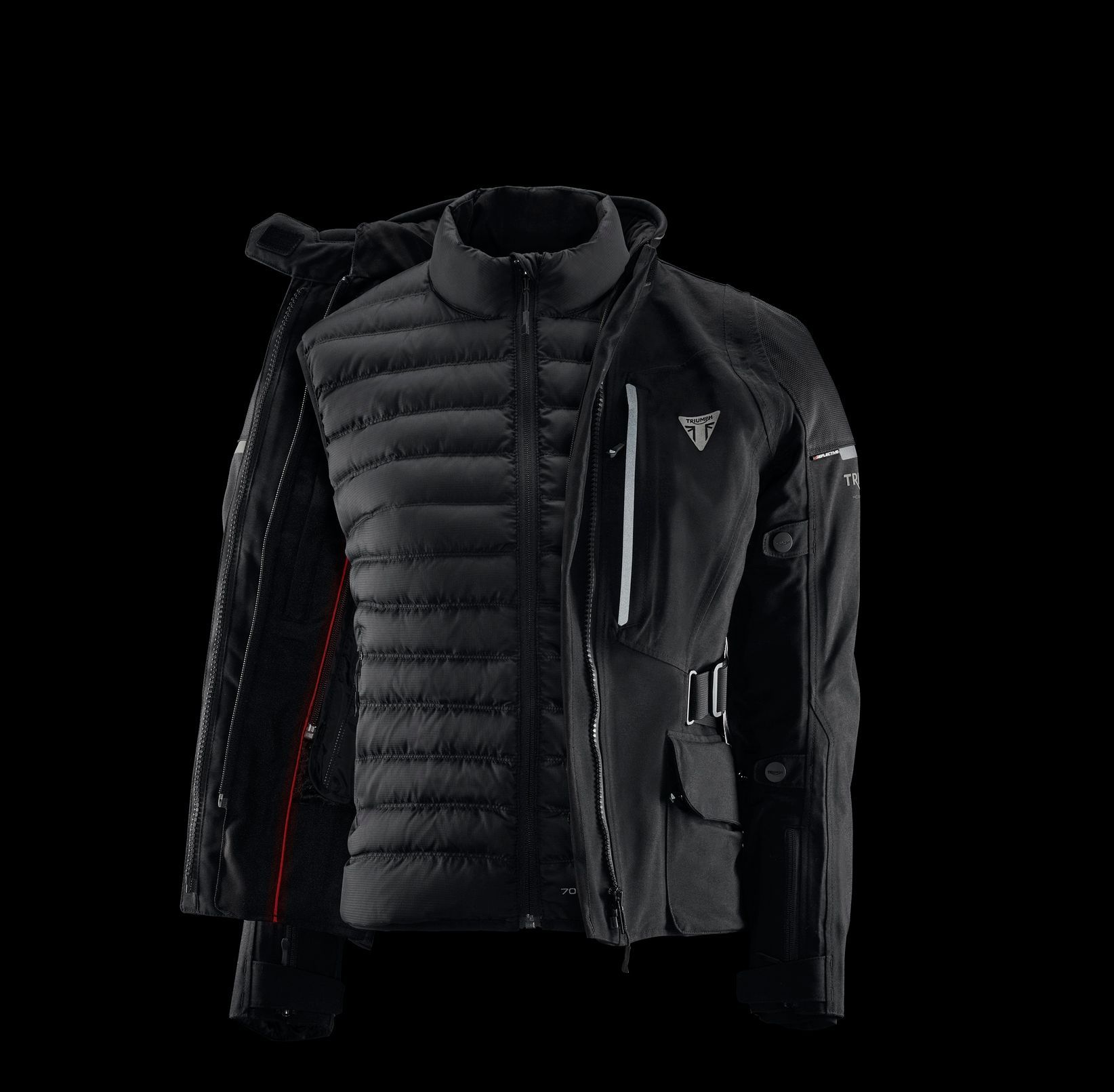 A black jacket with the letter t on it