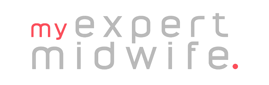 the logo for my expert midwife is white with red letters .