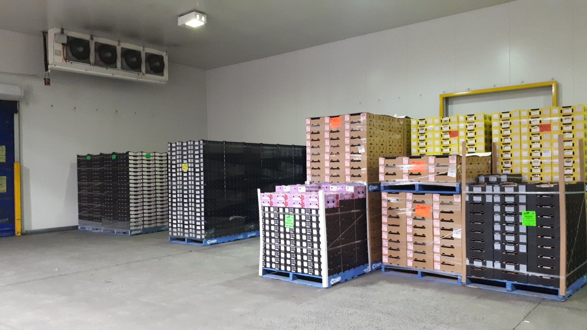 Warehouse interior with pallets of stacked containers and boxes; cooling unit on wall.