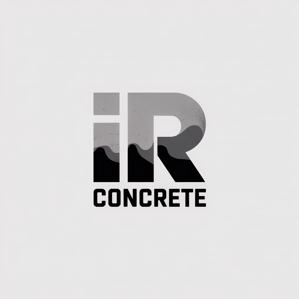 Logo for IR Concrete, featuring gray letter "R" and black "IR" over CONCRETE text.