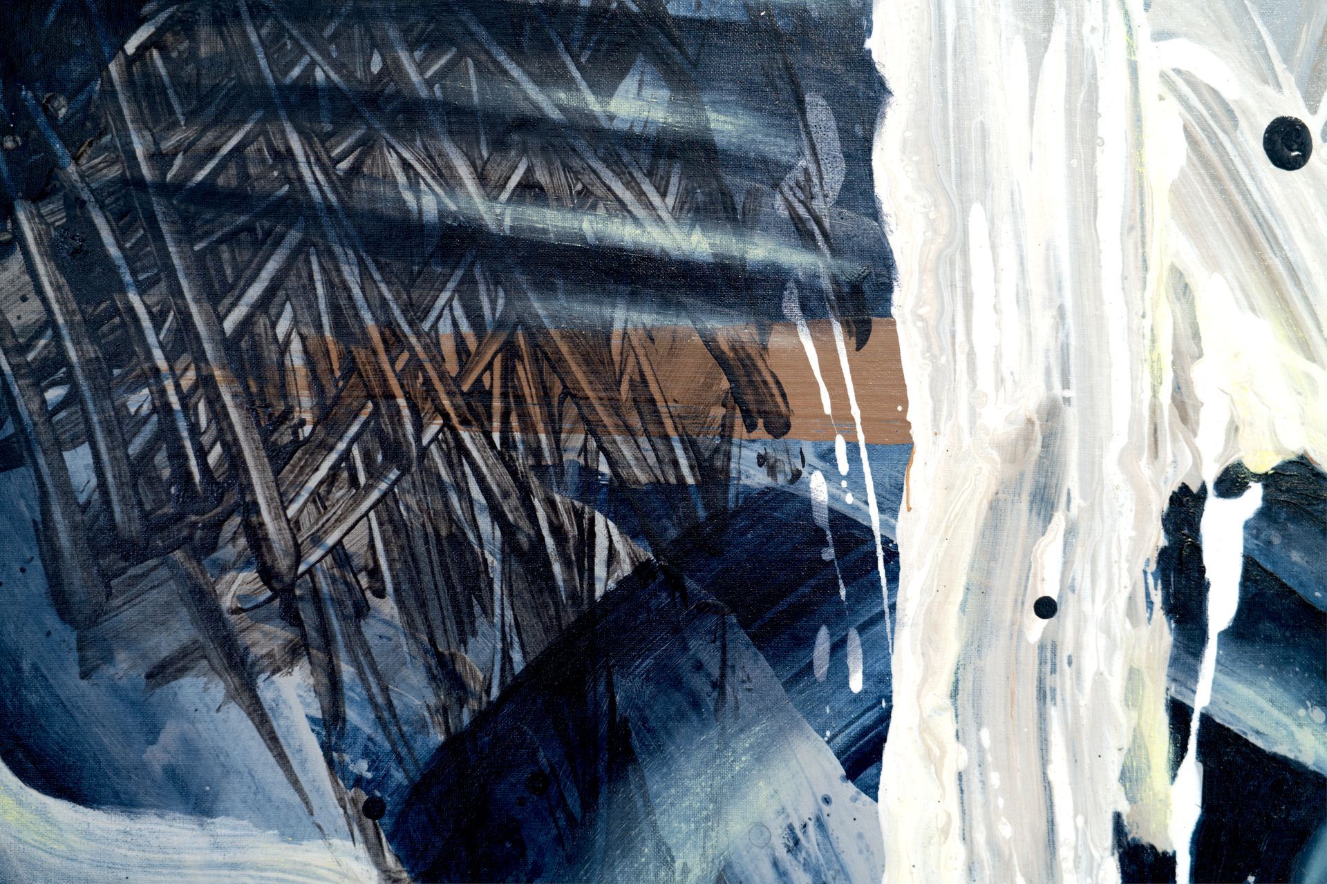 Detail of painting showing marks and texture of scratches and white paint by Lala Drona