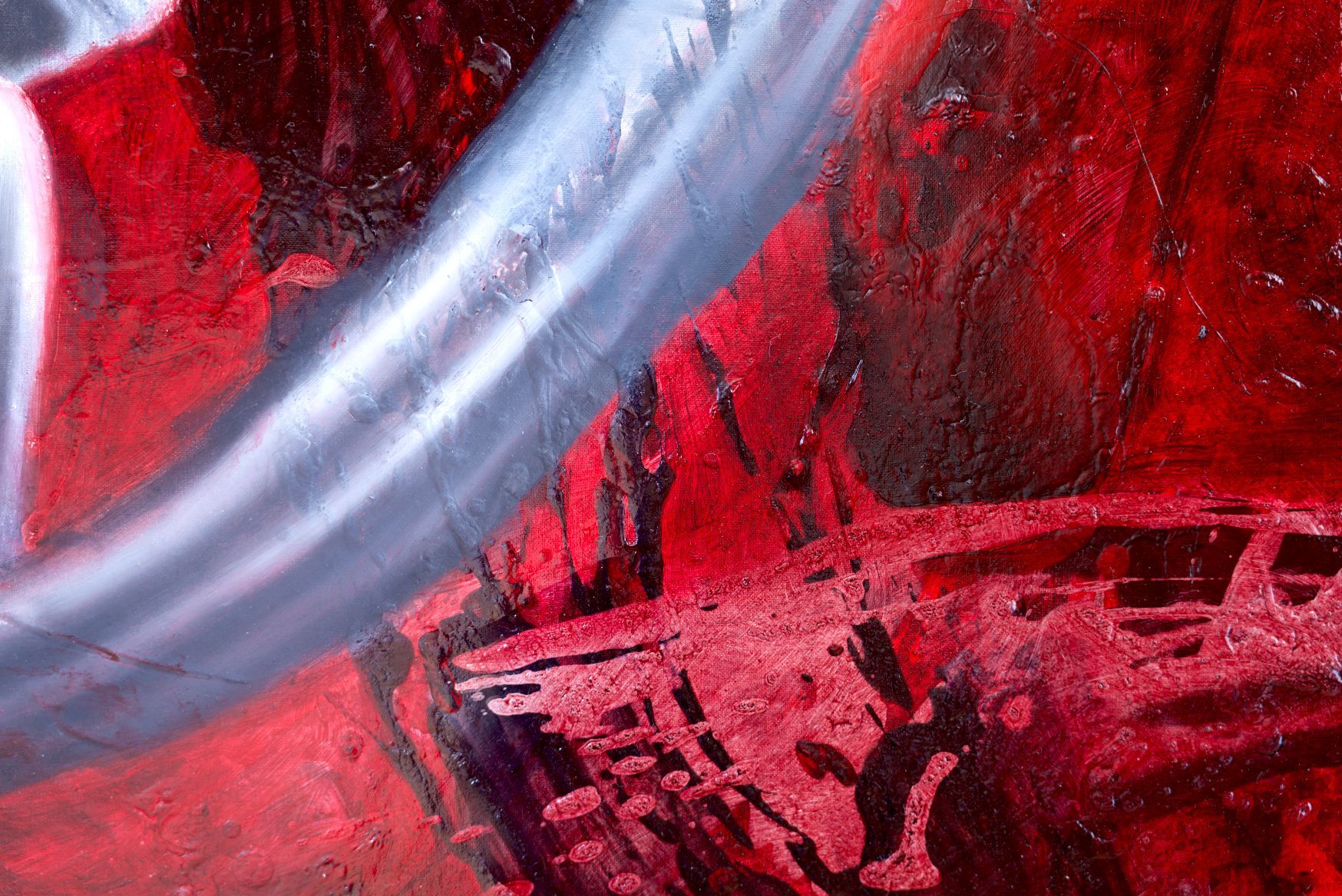 Detail of abstract painting with a smooth, light grey curved stroke layered over a textured background of deep, vibrant red by Lala Drona
