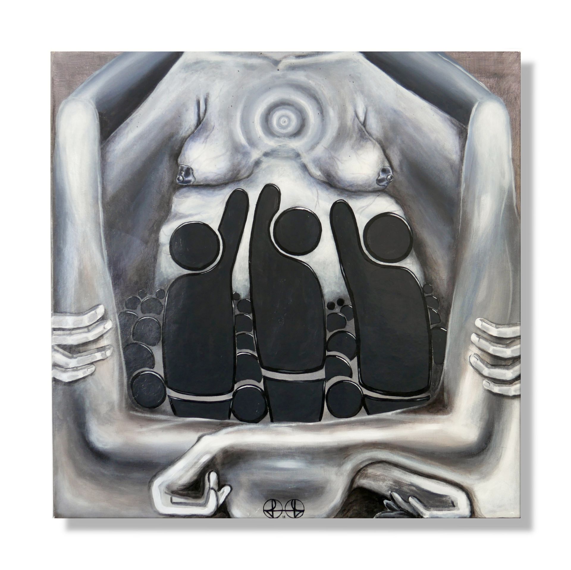 Surreal painting in grey with computer icons and woman's body by Lala Drona