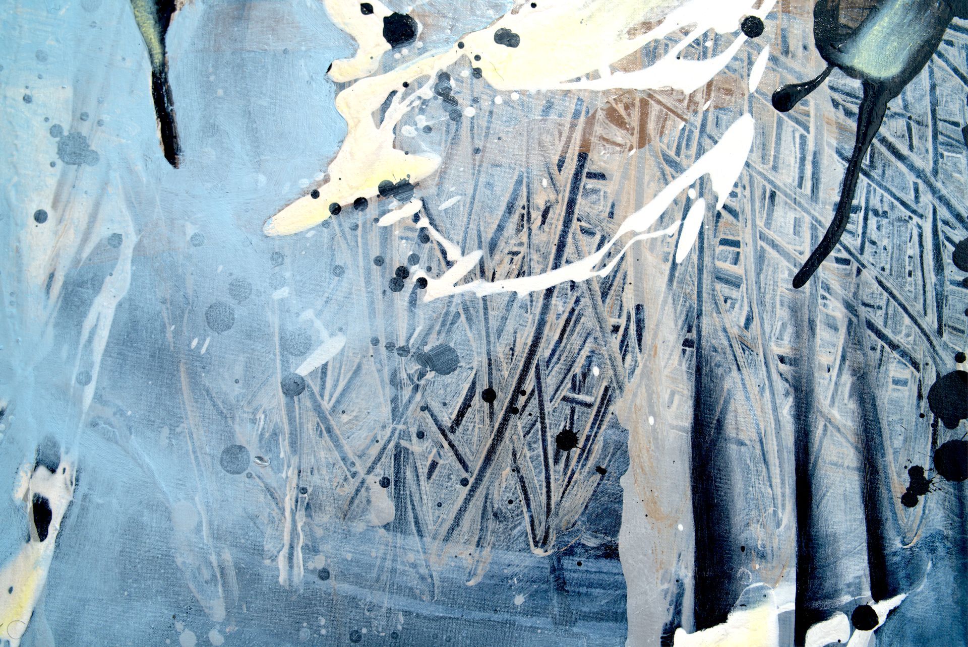 Detail of painting that shows scratches and splashes about conspiracy by Lala Drona