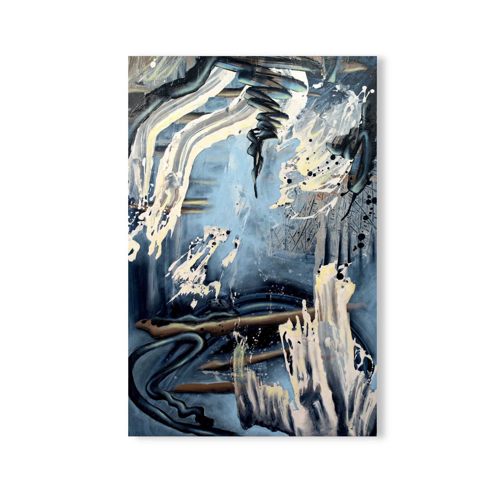 Blue and white abstract painting about conspiracy trending by Lala Drona