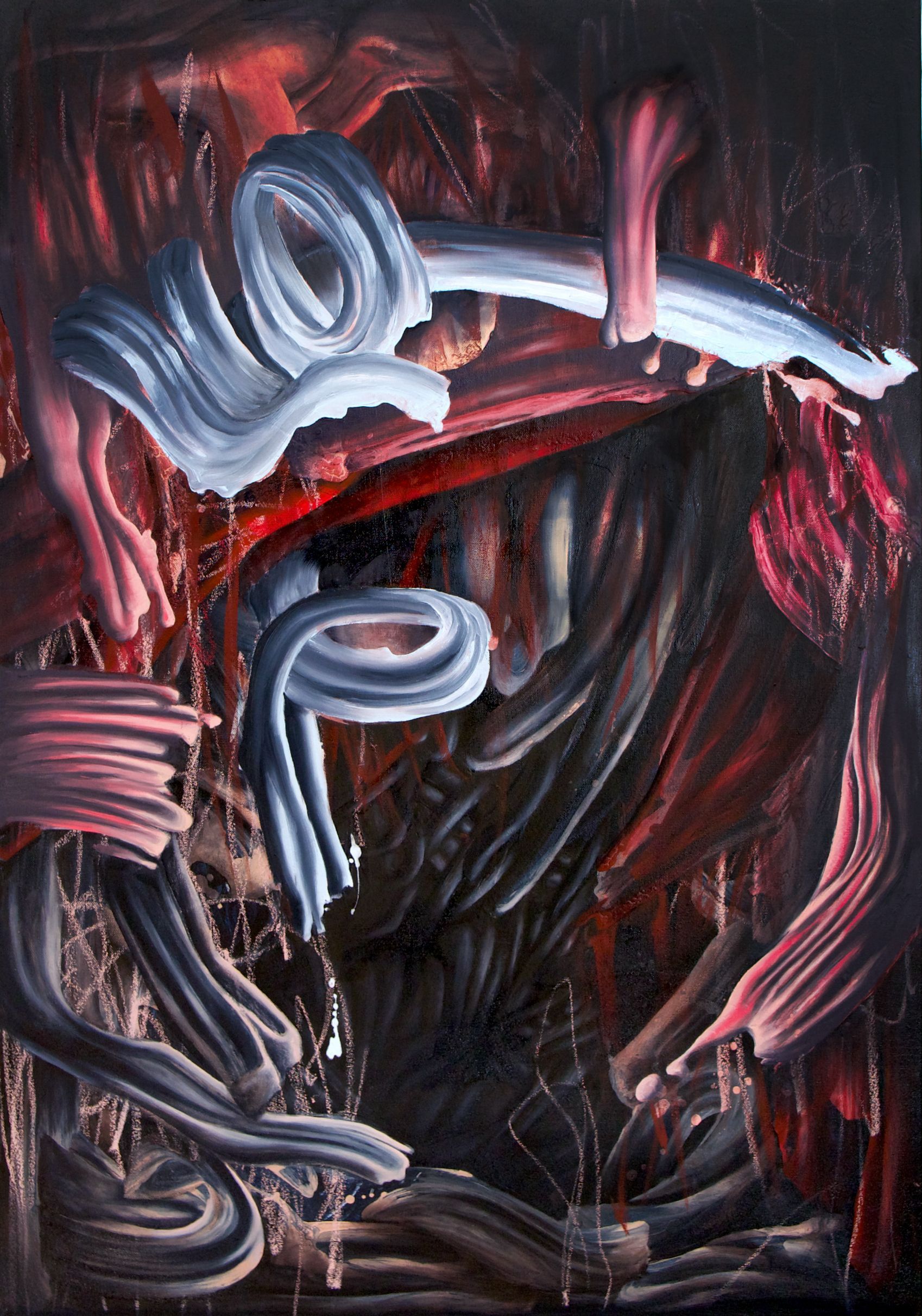 Abstract painting with red, black and white streaks, swirls, and textures. Lala Drona, Little Miss Perfect