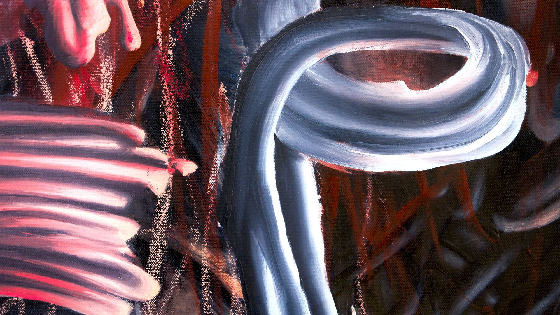 Swirling, looped brushstrokes in shades of white and blue against a reddish-brown, textured background. Artist Lala Drona, Little Miss Perfect