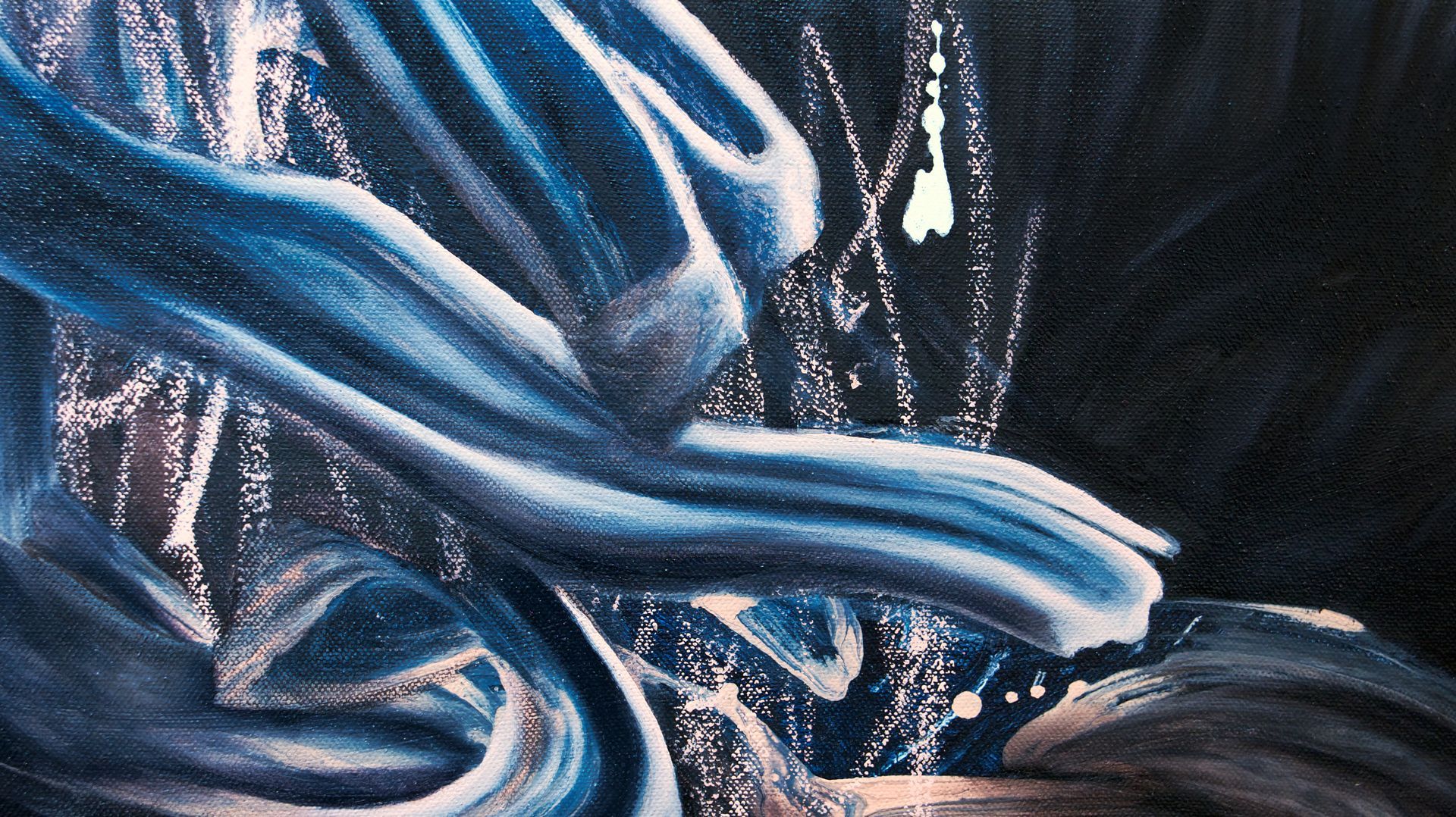 Abstract painting with blue and white brushstrokes against a dark background.  Artist Lala Drona, Little Miss Perfect
