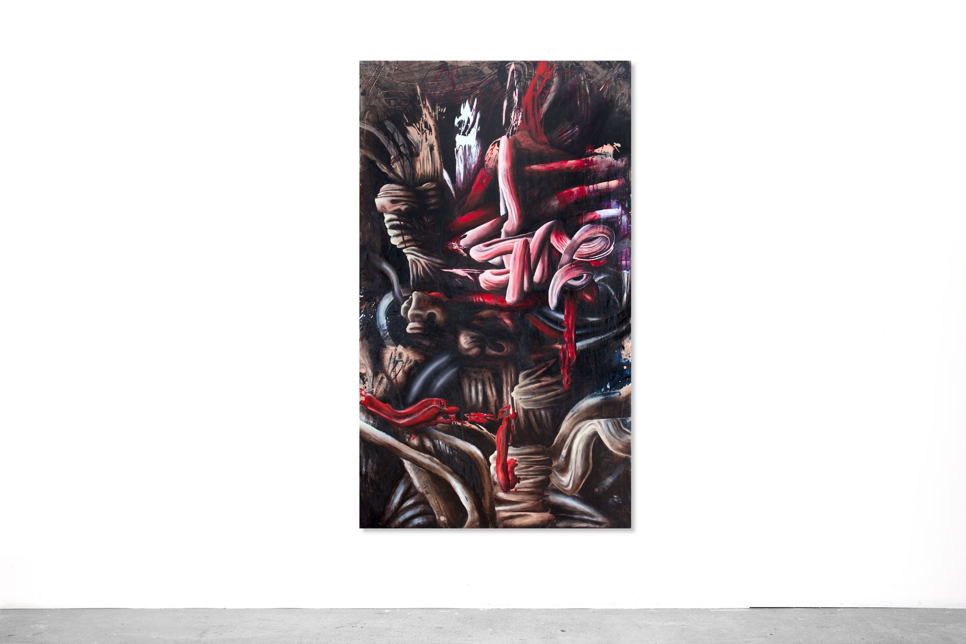 Painting of figures in a dark, chaotic scene; red and white limbs, swirling details, on a white wall. Madame Sidewalk Painting by Lala Drona
