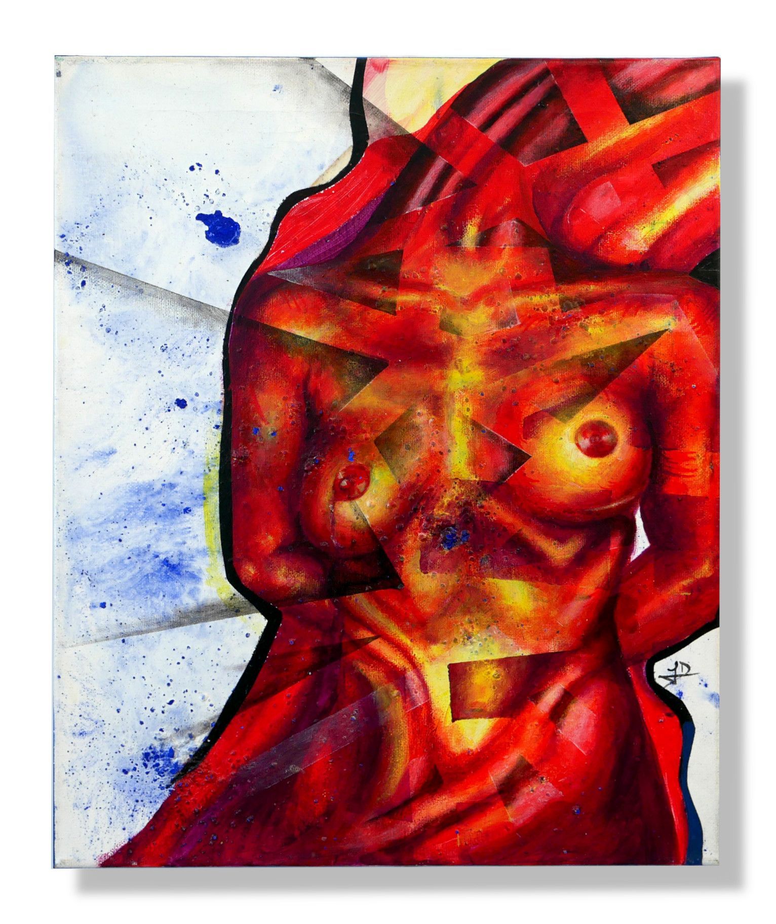 Asymmetrical breast self portrait painting red by Lala Drona