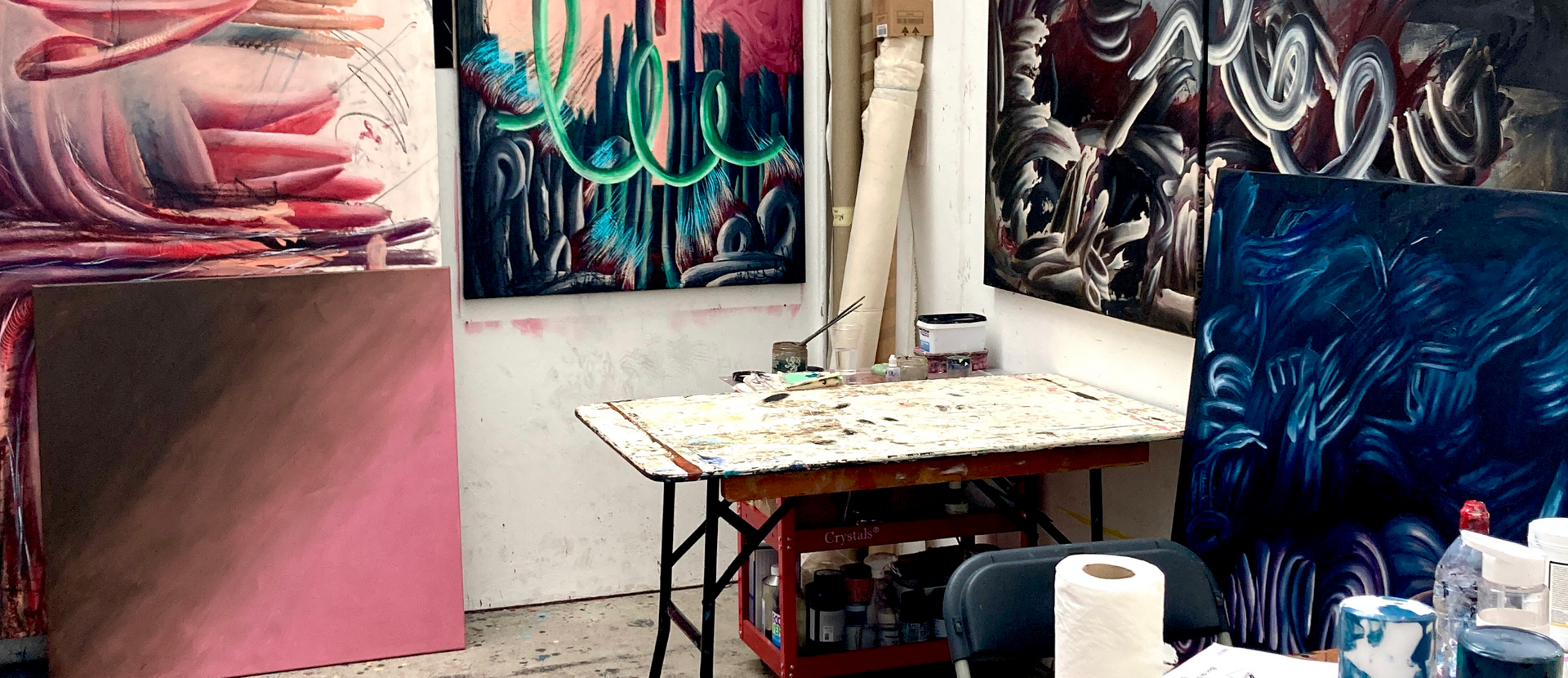 Lala Drona paintings and section of painting studio at RCA