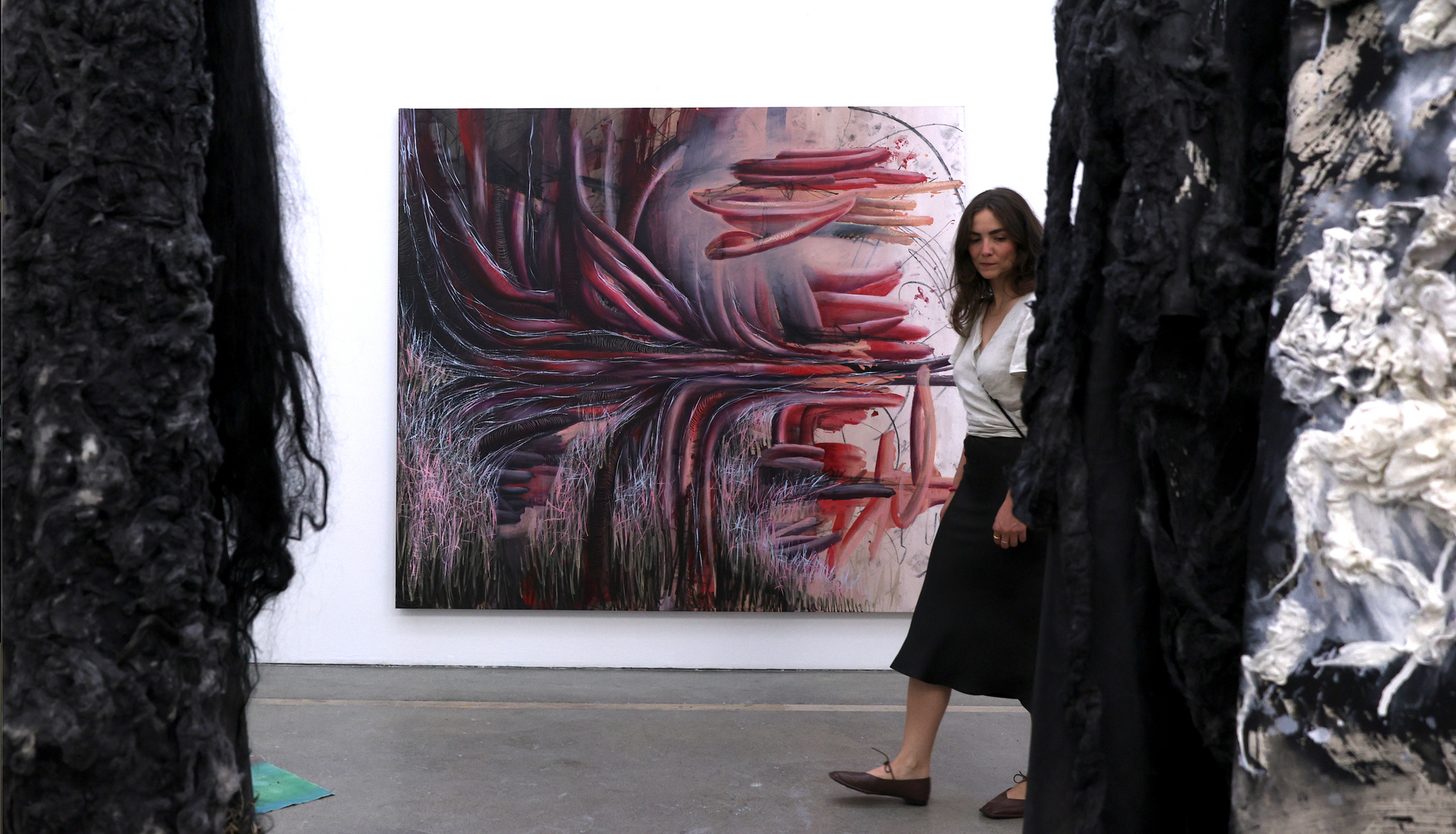 Pink abstract painting visceral and bodily by Lala Drona