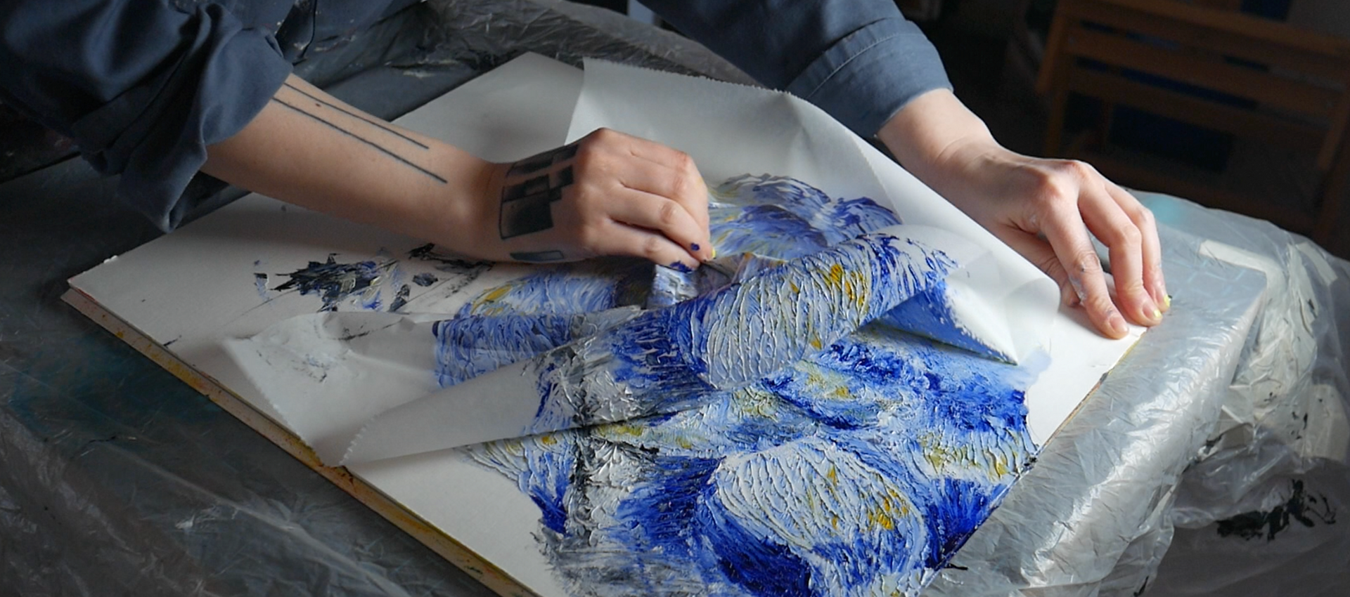 Oil paint transfer with wax paper